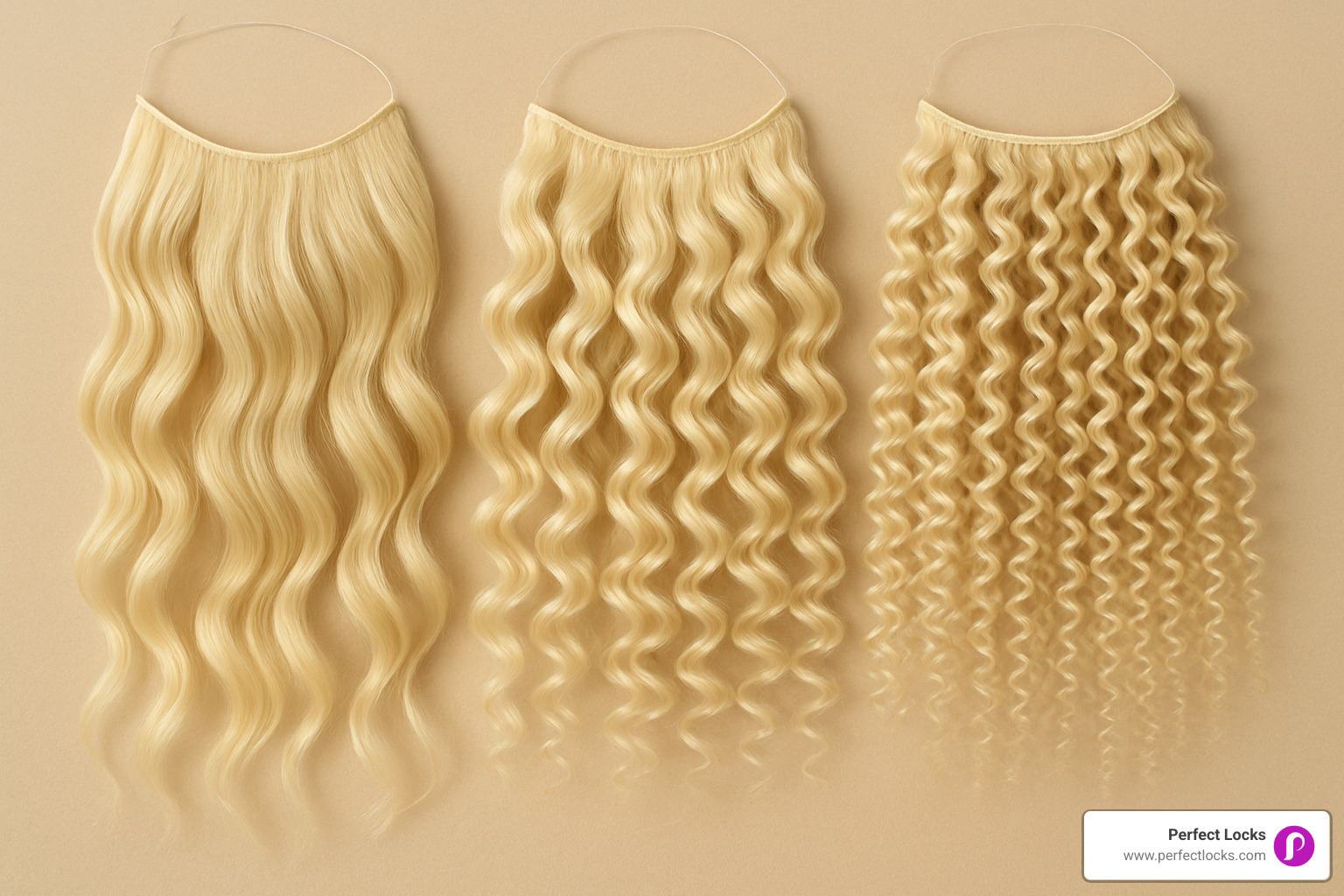 Side-by-side comparison showing different curl patterns from loose beach waves to tight spiral curls in blonde shades #613, #60, and mixed tones - blonde curly halo hair extensions