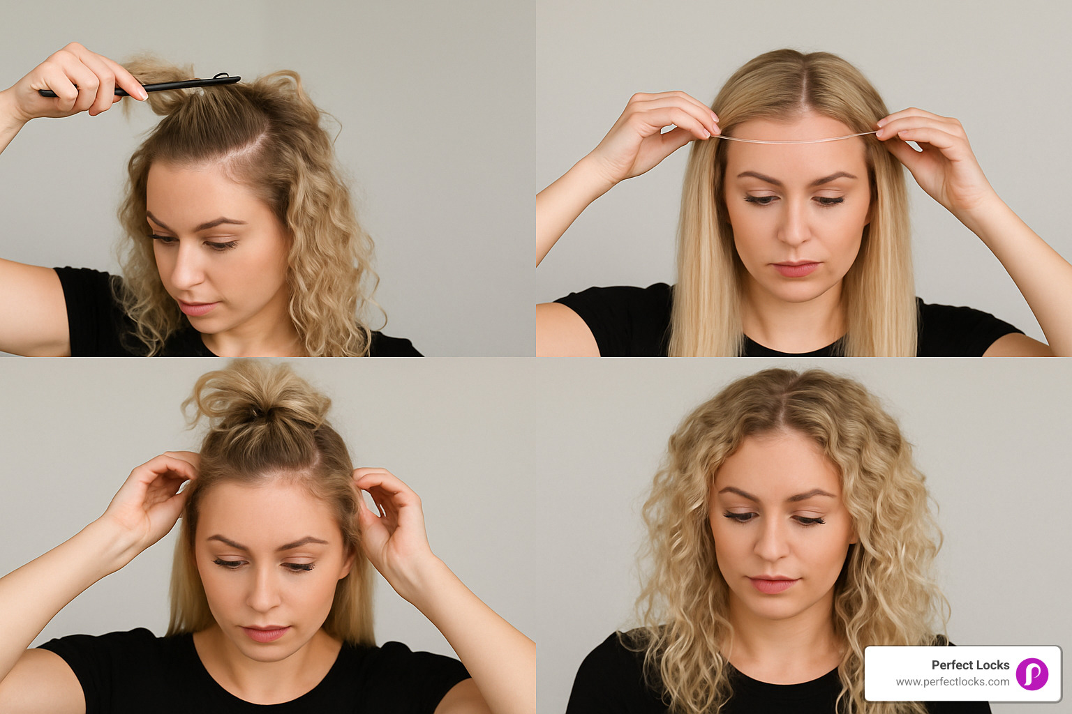 Step-by-step installation process showing sectioning crown hair, positioning the invisible wire, adjusting tension, and pulling natural hair over the weft - blonde curly halo hair extensions