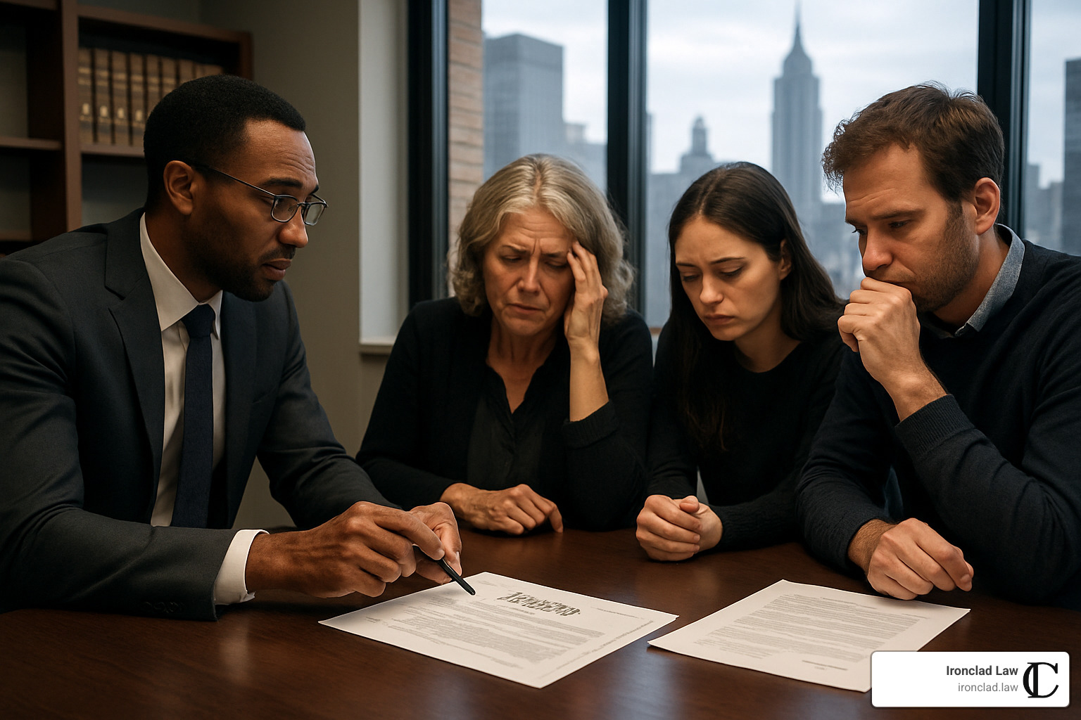 lawyer-family consultation showing attorney meeting with grieving family members around conference table with estate documents - estate administration lawyer NYC