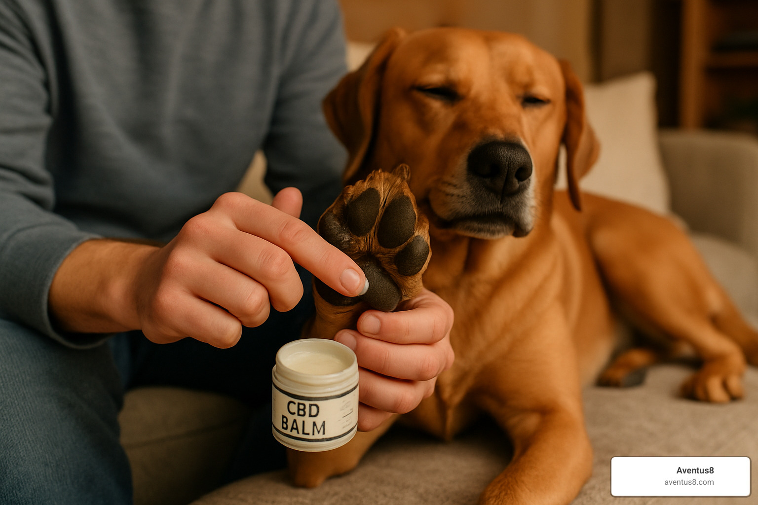 Dog owner gently massaging CBD balm into their pet's paw pad - CBD for dogs online