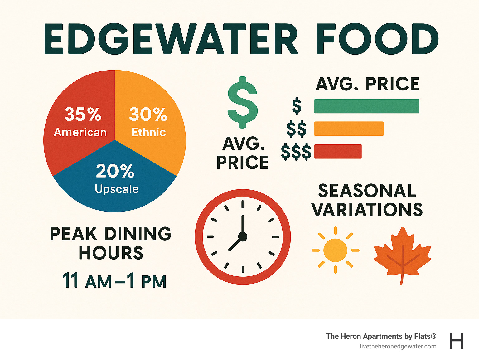 Statistical breakdown of Edgewater restaurant types, average prices, and peak dining hours with seasonal variations - edgewater food infographic 