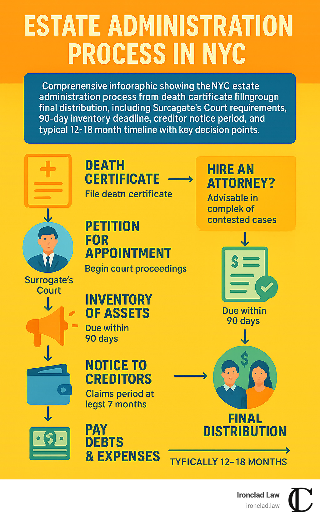 Comprehensive infographic showing the NYC estate administration process from death certificate filing through final distribution, including Surrogate's Court requirements, 90-day inventory deadline, creditor notice period, and typical 12-18 month timeline with key decision points for hiring legal counsel - estate administration lawyer NYC infographic 