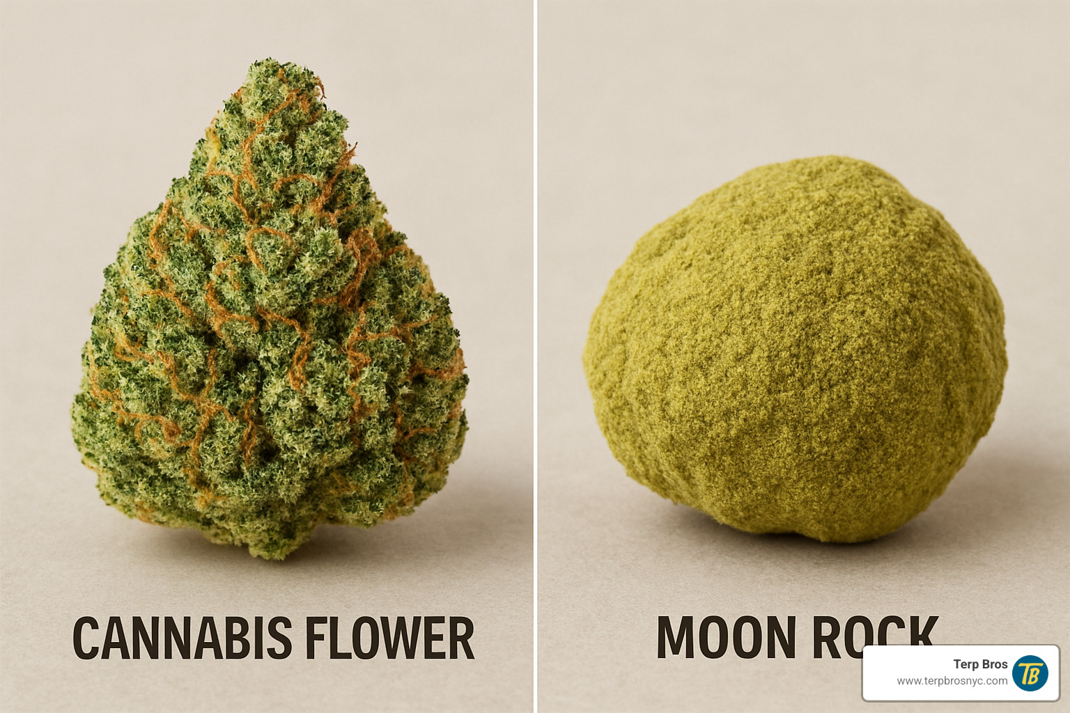 side-by-side comparison of regular cannabis flower and moon rock weed - moon rock weed