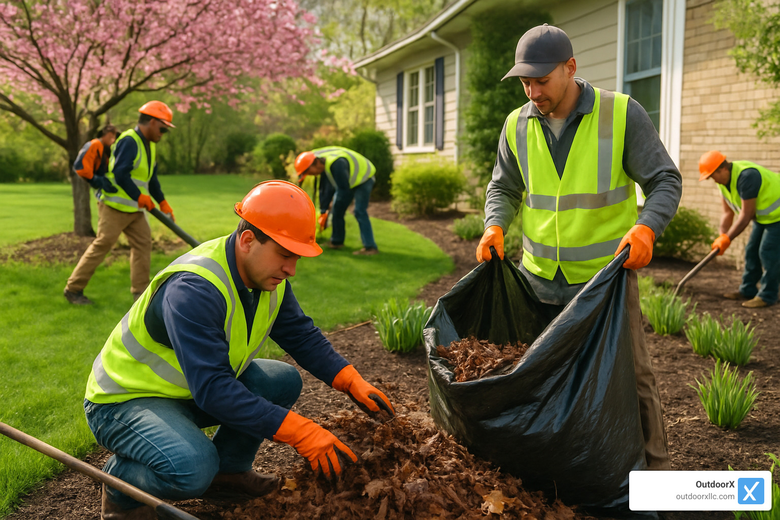 Spring cleanup crew removing debris and preparing garden beds for new growth - landscaping and maintenance services