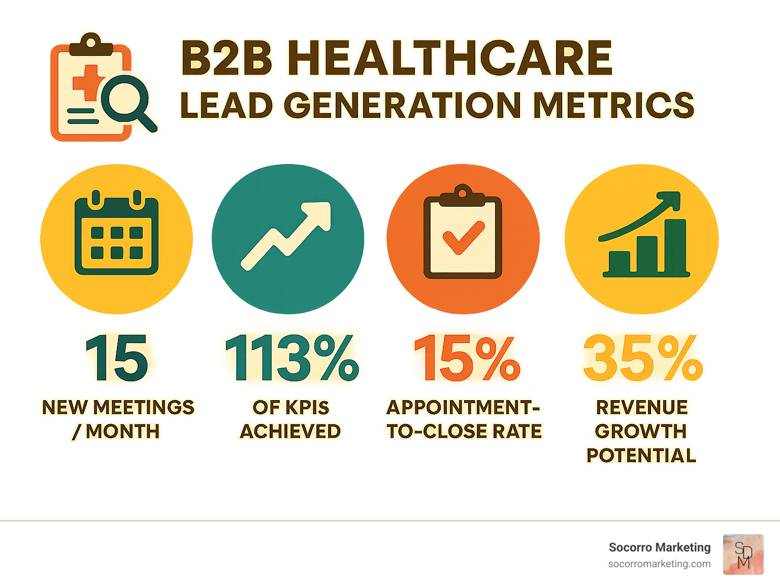 Infographic showing key healthcare lead generation metrics: 15 new meetings per month average, 113% of campaign KPIs achieved, 15% appointment-to-close rate, 35% year-over-year revenue growth potential - b2b healthcare lead generation agency infographic 