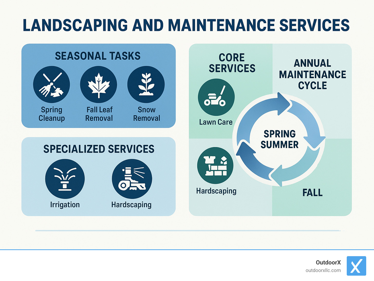 Comprehensive landscaping and maintenance services breakdown showing seasonal tasks, core services like lawn care and plant maintenance, specialized services including irrigation and hardscaping, and the annual maintenance cycle from spring cleanup through winter preparation - landscaping and maintenance services infographic 