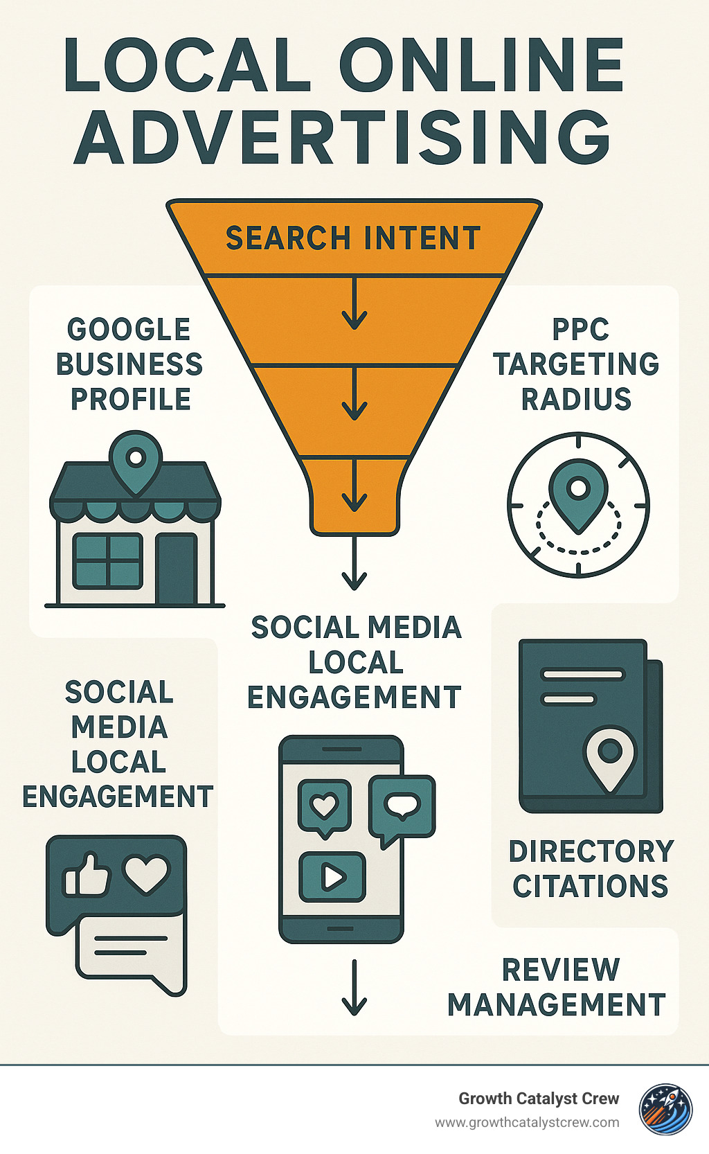 Comprehensive infographic showing the local online advertising funnel from search intent through conversion, including Google Business Profile optimization, PPC targeting radius, social media local engagement, directory citations, and review management cycle - local online advertising infographic