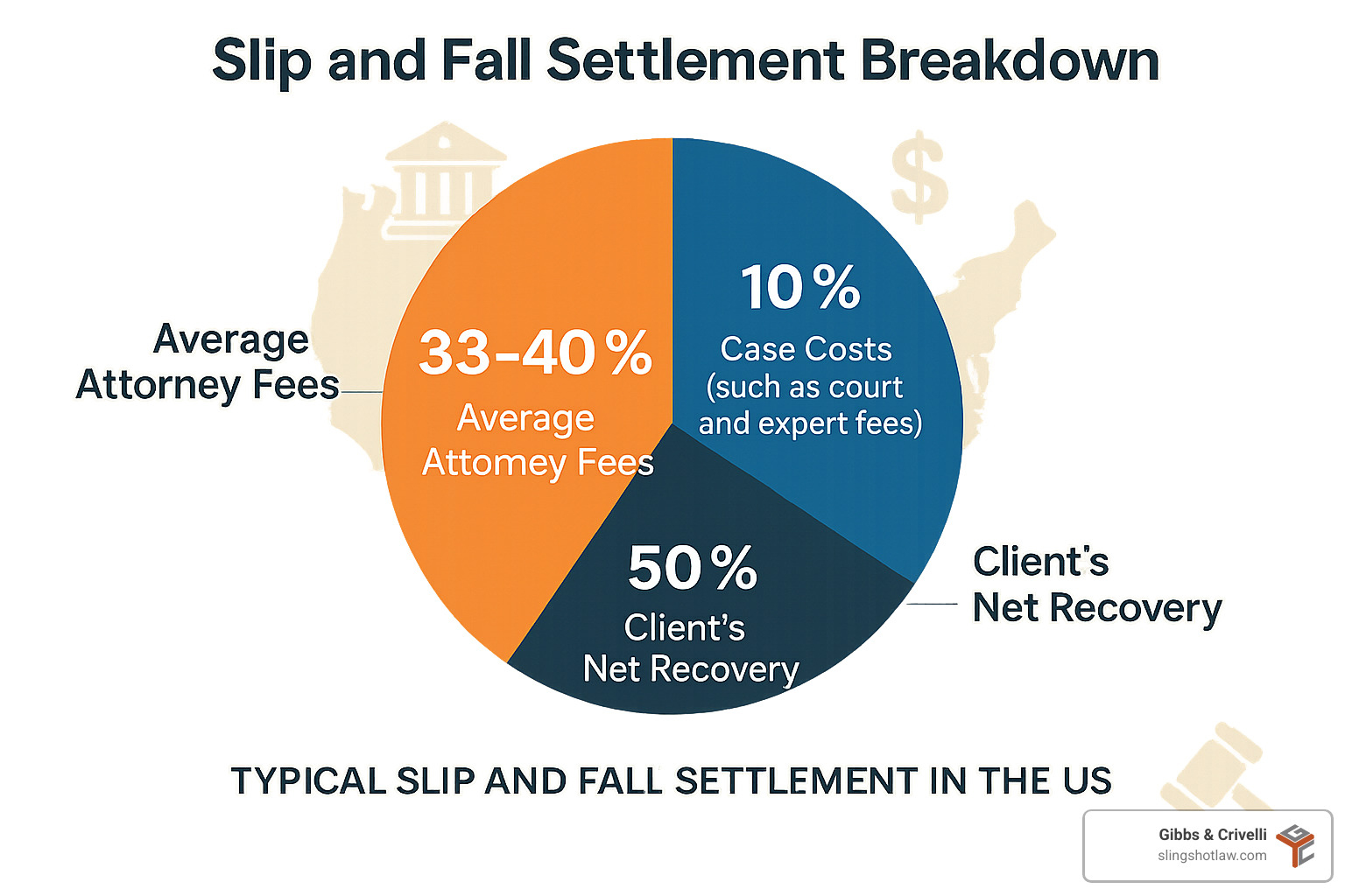 Breakdown showing average attorney fees, case costs, and client net recovery amounts for different types of slip and fall settlements - austin slip and fall lawyer