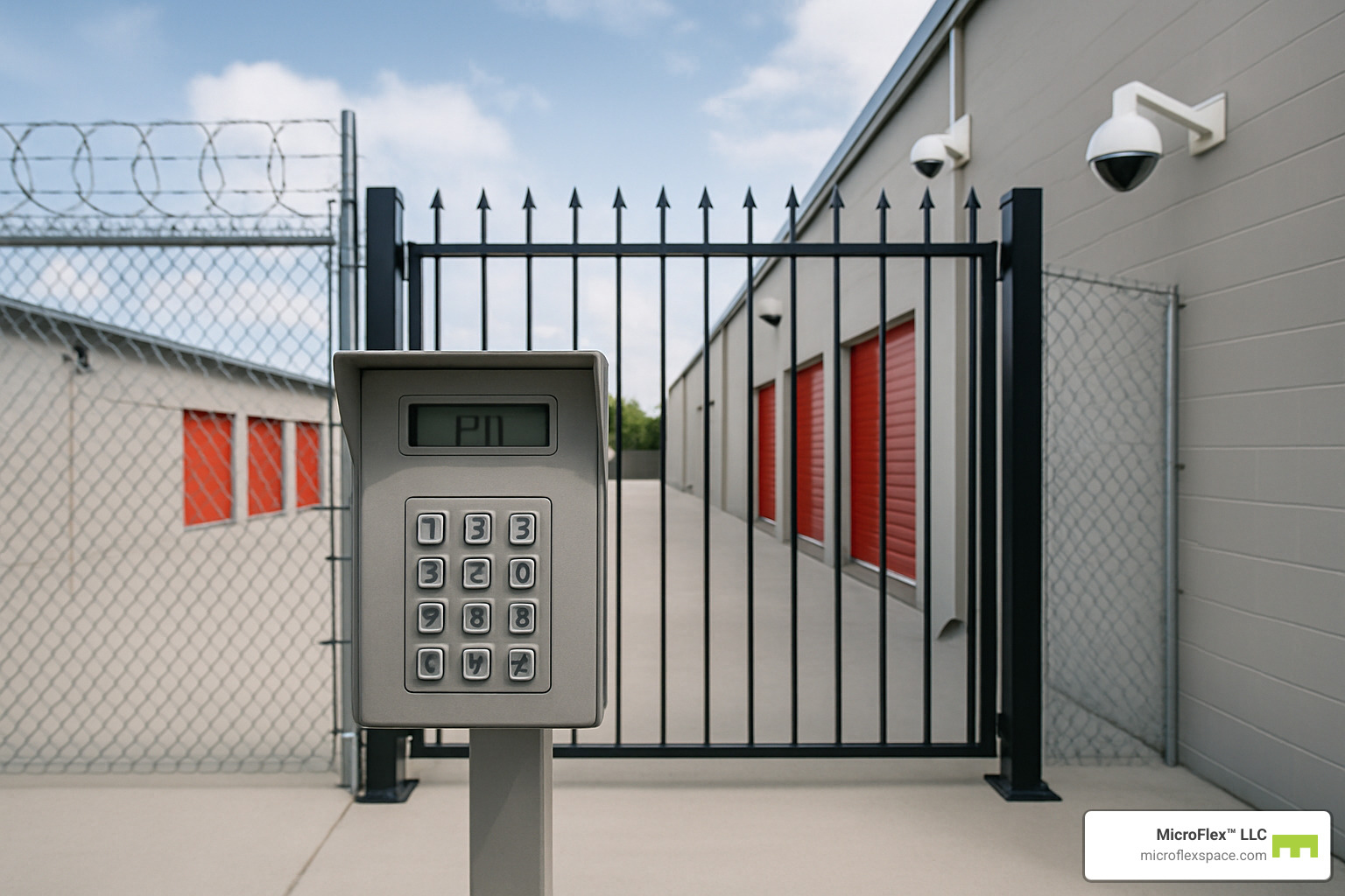 secure storage facility entrance with keypad access and security cameras - storage units Birmingham