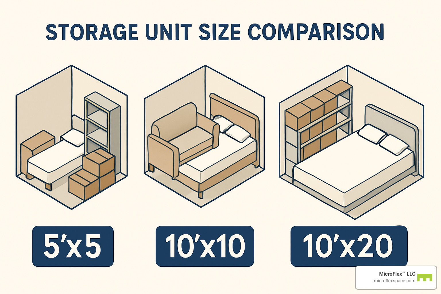 storage unit size comparison diagram showing 5x5, 10x10, and 10x20 units with furniture layouts - storage units Birmingham