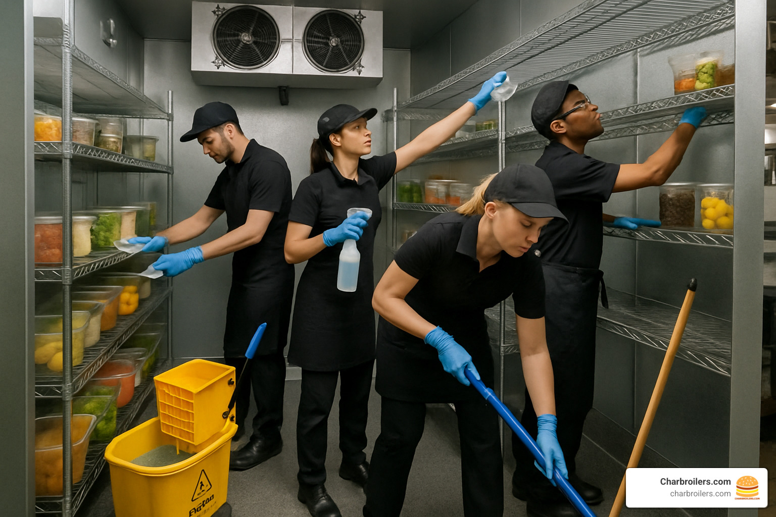 restaurant staff cleaning walk-in cooler interior with sanitizing solution - restaurant walk in fridge