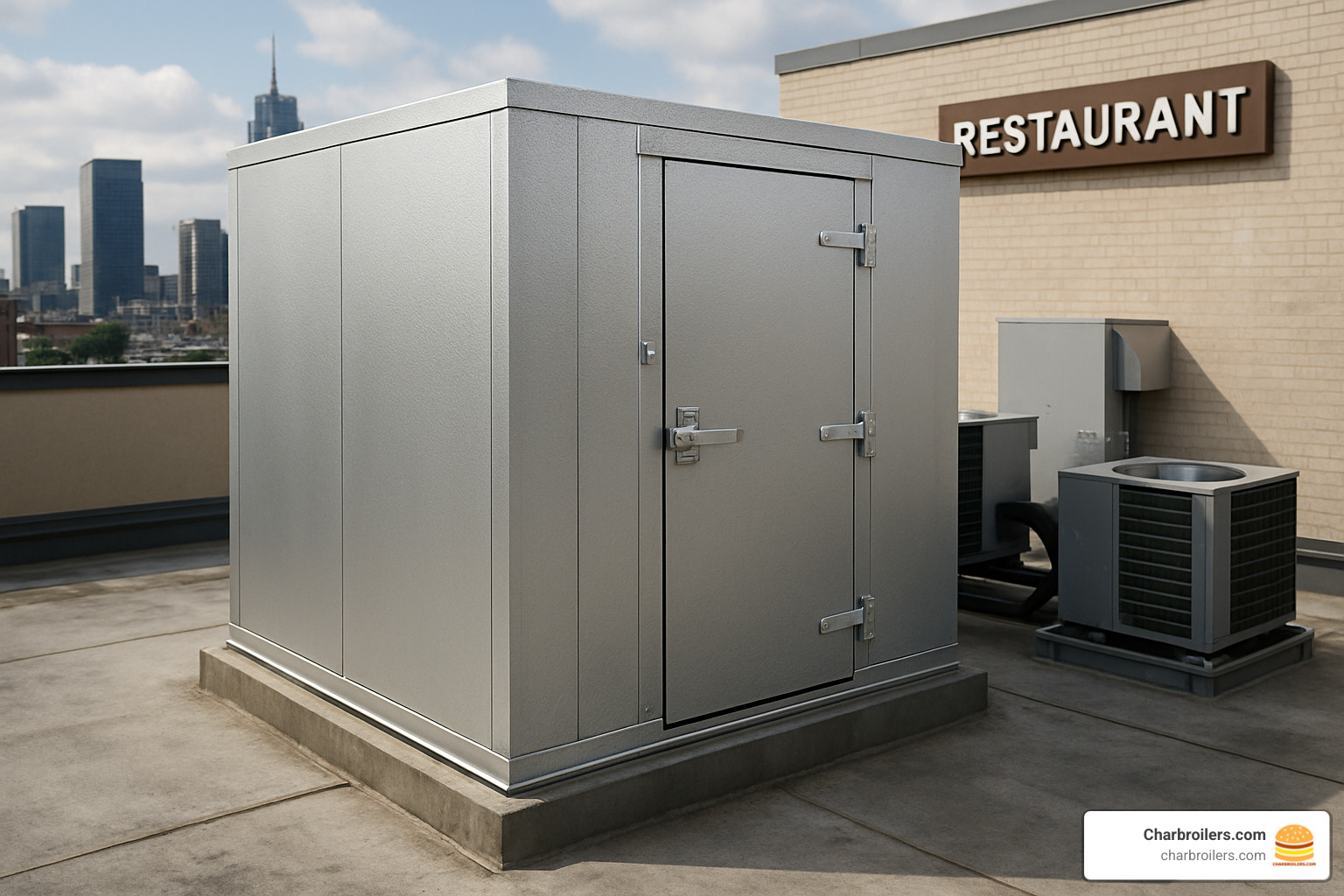 outdoor walk-in cooler on restaurant rooftop - restaurant walk in fridge