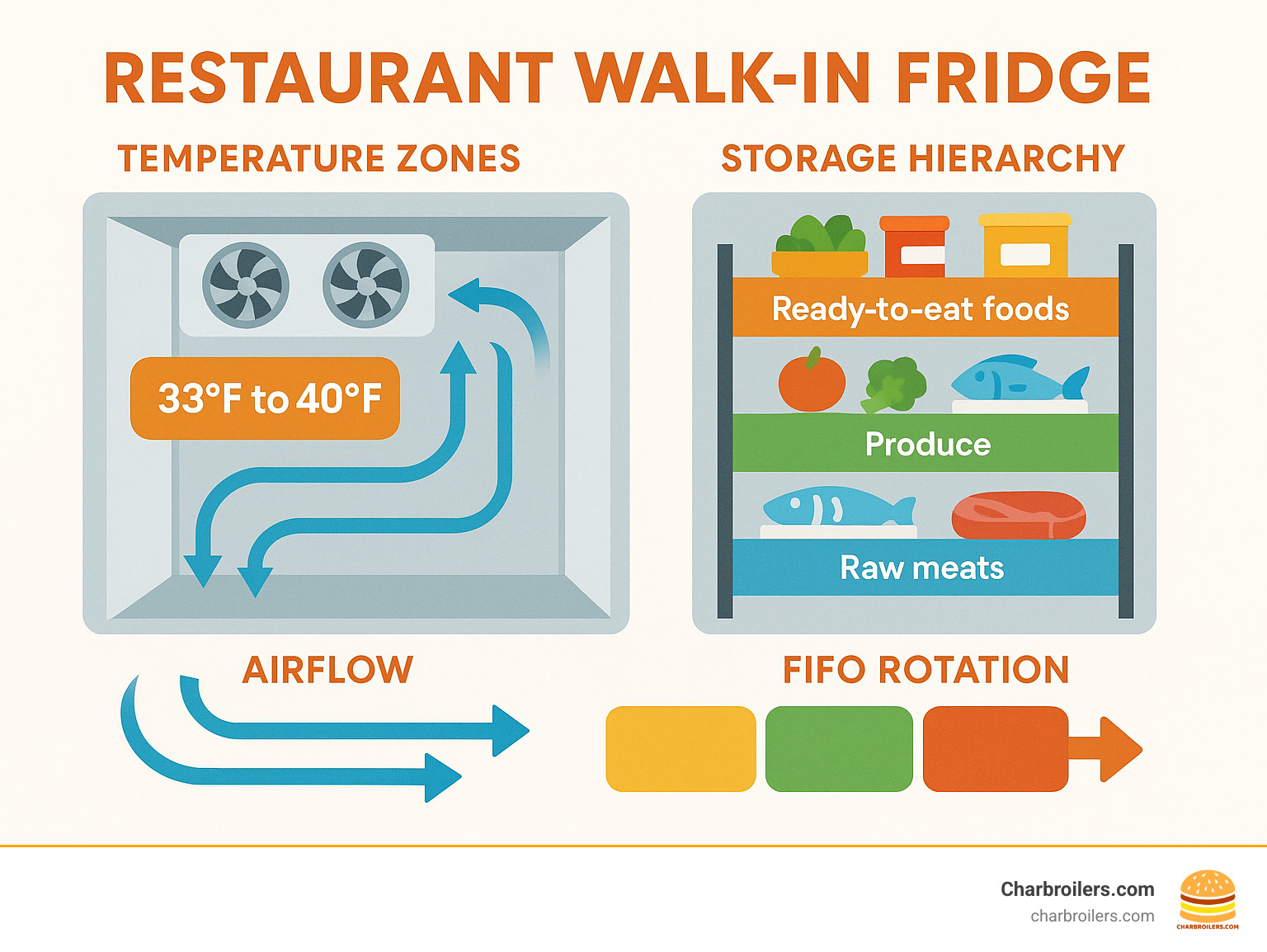 Infographic showing restaurant walk-in fridge temperature zones, storage hierarchy from raw meats on bottom shelves to ready-to-eat foods on top shelves, proper airflow patterns, and FIFO rotation system with color-coded labeling - restaurant walk in fridge infographic 