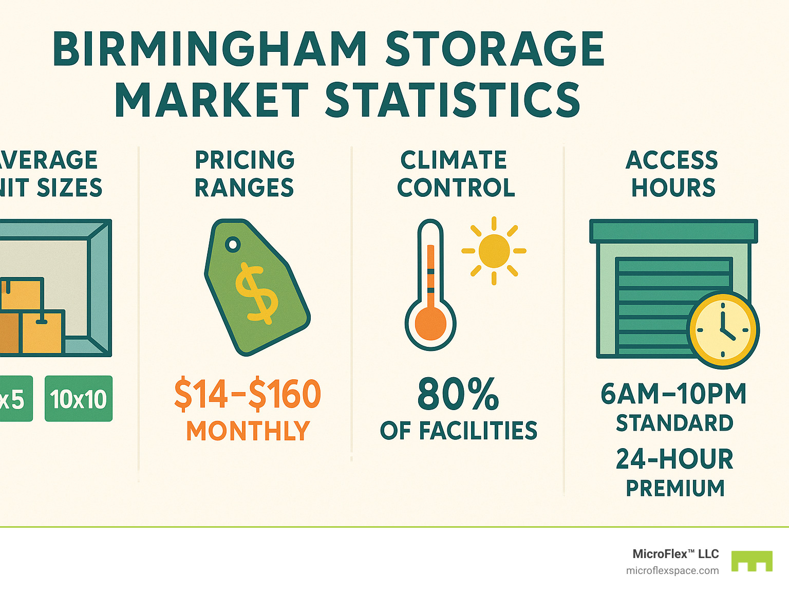 Birmingham storage market statistics showing average unit sizes, pricing ranges from $14-$160 monthly, climate control availability at 80% of facilities, and access hour options from 6am-10pm standard to 24-hour premium locations - storage units Birmingham infographic