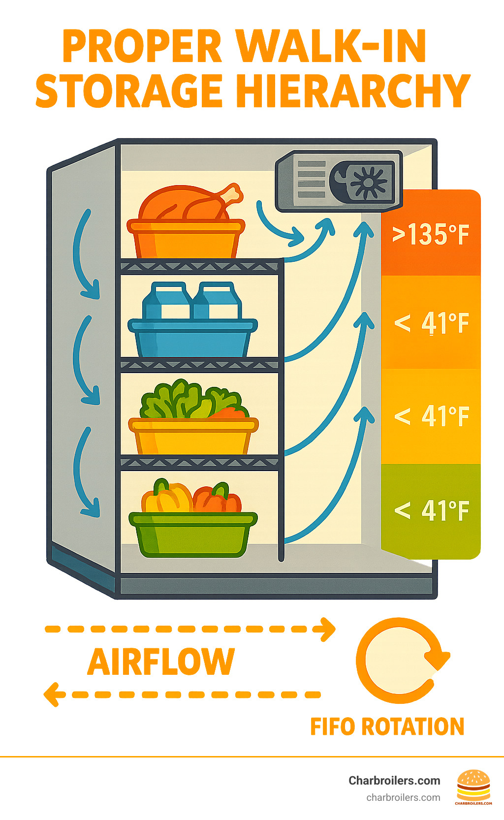 Infographic showing proper walk-in storage hierarchy with temperature zones, airflow patterns, and FIFO rotation system - restaurant walk in fridge infographic 
