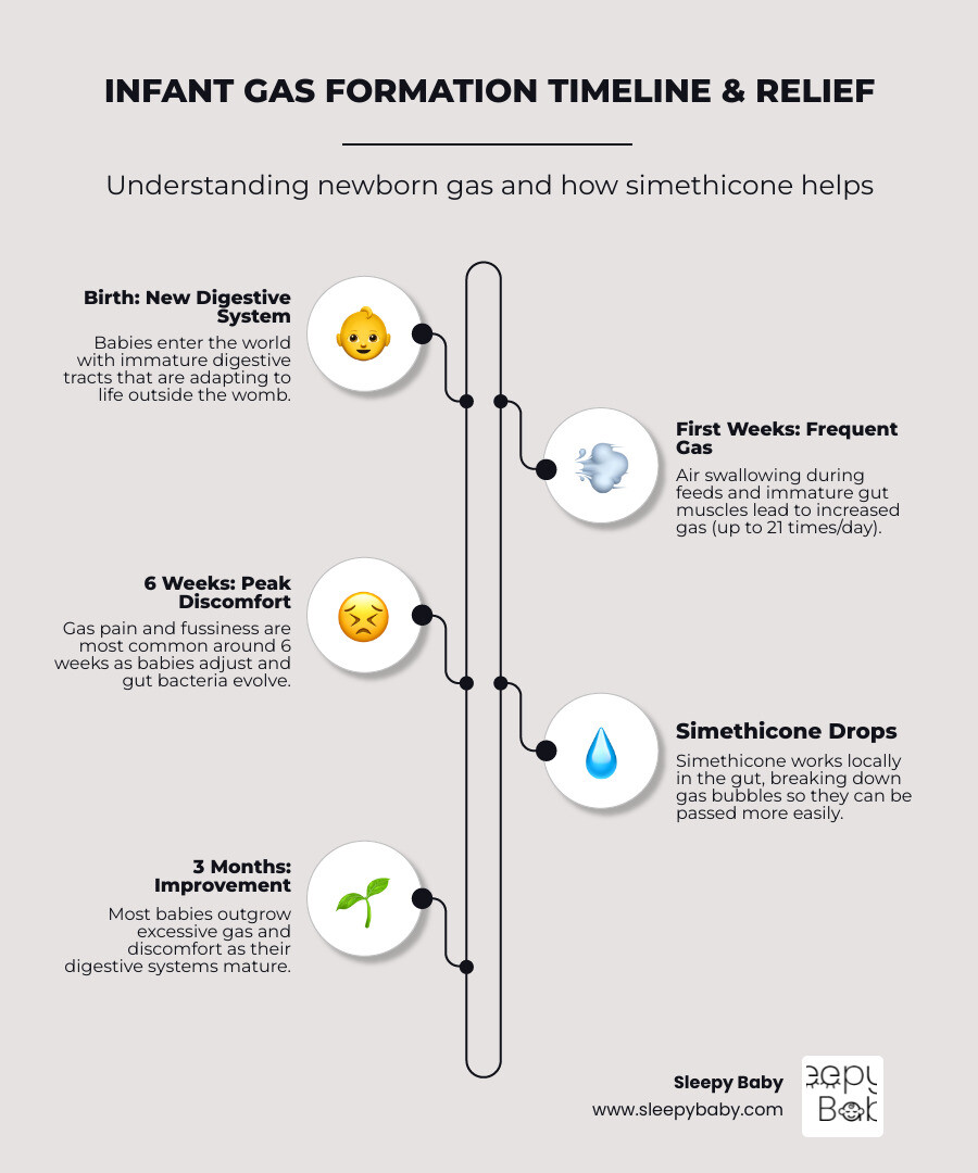 Detailed infographic showing infant gas formation timeline from birth to 3 months, including peak discomfort at 6 weeks, common causes like air swallowing during feeding, and how simethicone breaks down gas bubbles in the digestive system - infant gas drops infographic infographic-line-5-steps-neat_beige