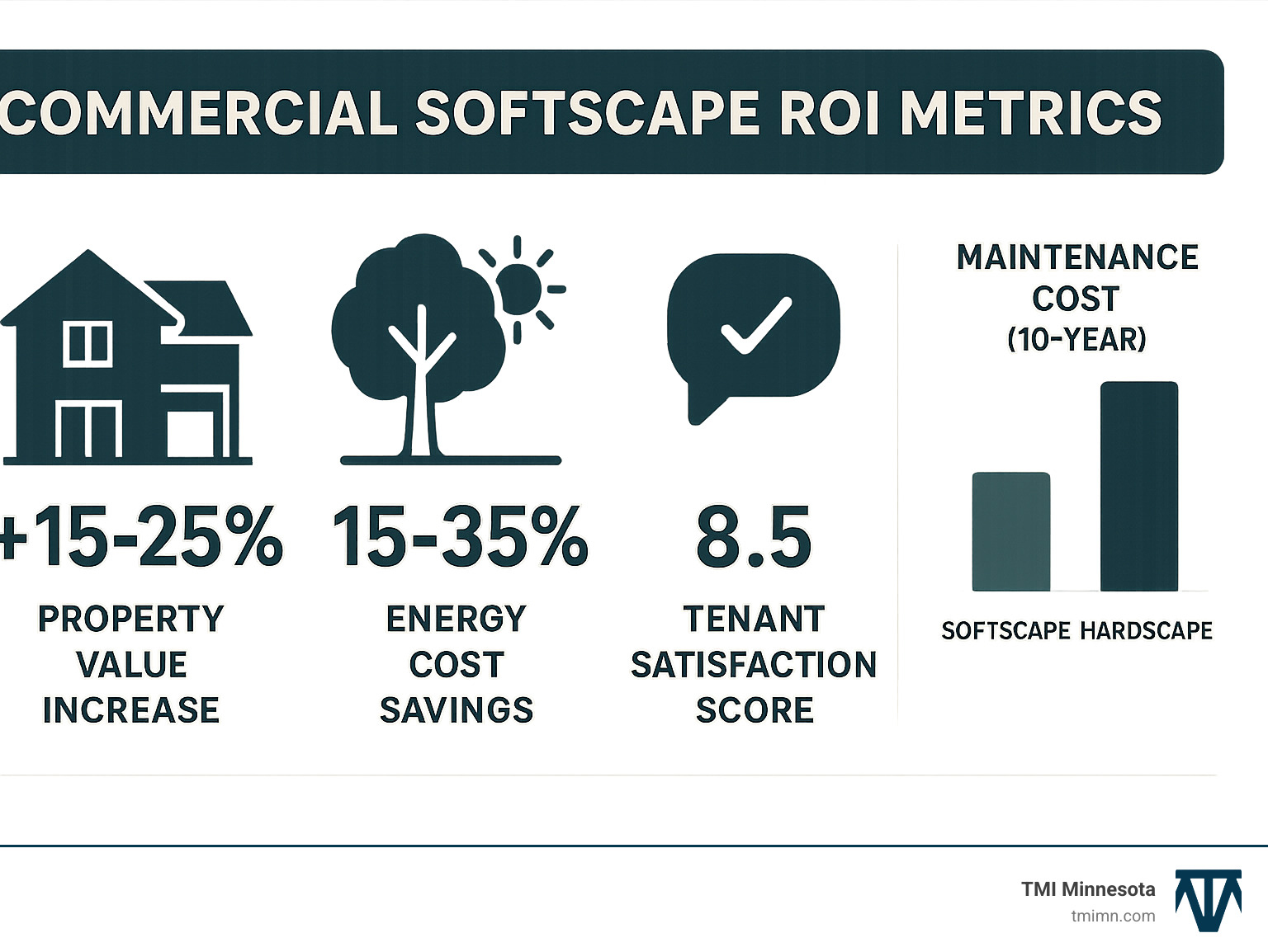 Infographic displaying commercial softscape ROI metrics including property value increase percentages, energy cost savings from strategic tree placement, tenant satisfaction scores, and maintenance cost comparisons between softscape and hardscape elements over 10-year periods - softscapes infographic 
