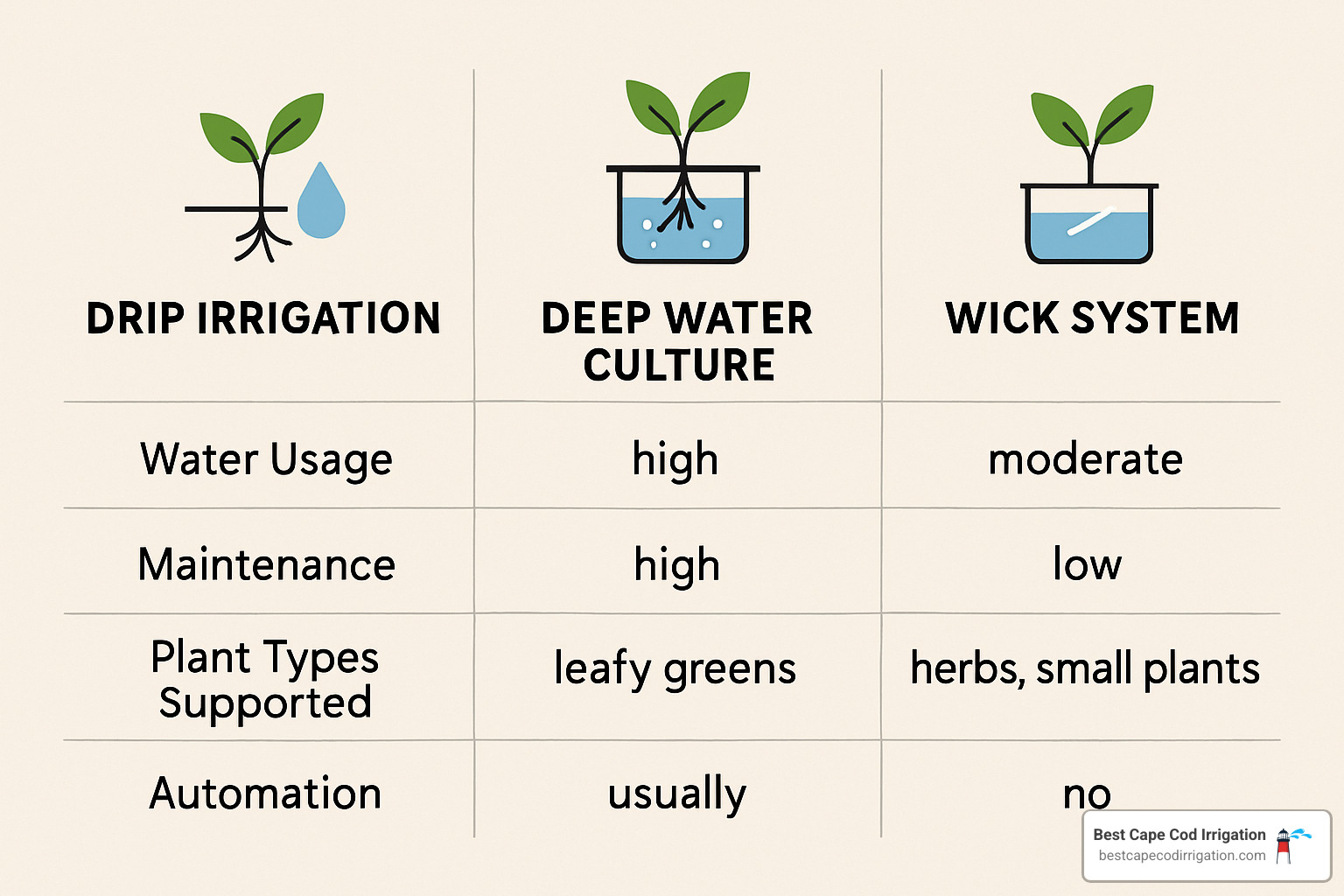 comparison table showing drip irrigation vs deep water culture vs wick systems - self watering hydroponic system