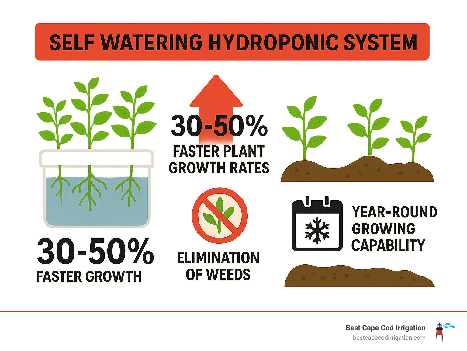 Infographic showing 30-50% faster plant growth rates, elimination of weeds, and year-round growing capability compared to traditional soil gardening - self watering hydroponic system infographic 