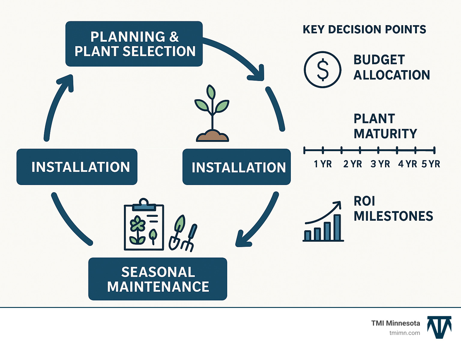 Detailed infographic showing the commercial softscape lifecycle from initial planning and plant selection through seasonal maintenance, highlighting key decision points for property managers including budget allocation, plant maturity timelines, and ROI milestones over a 5-year period - softscapes infographic 