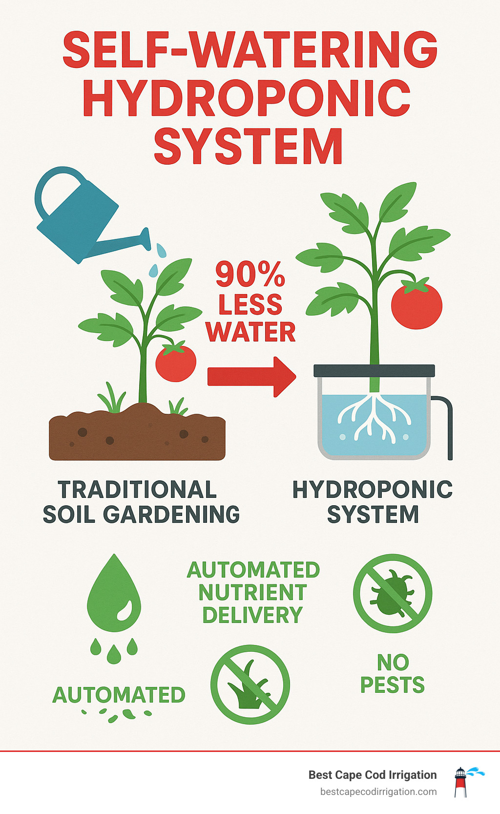 Infographic showing water usage comparison between traditional soil gardening and hydroponic systems, highlighting 90% less water usage, automated nutrient delivery, and elimination of soil-related problems like weeds and pests - self watering hydroponic system infographic 
