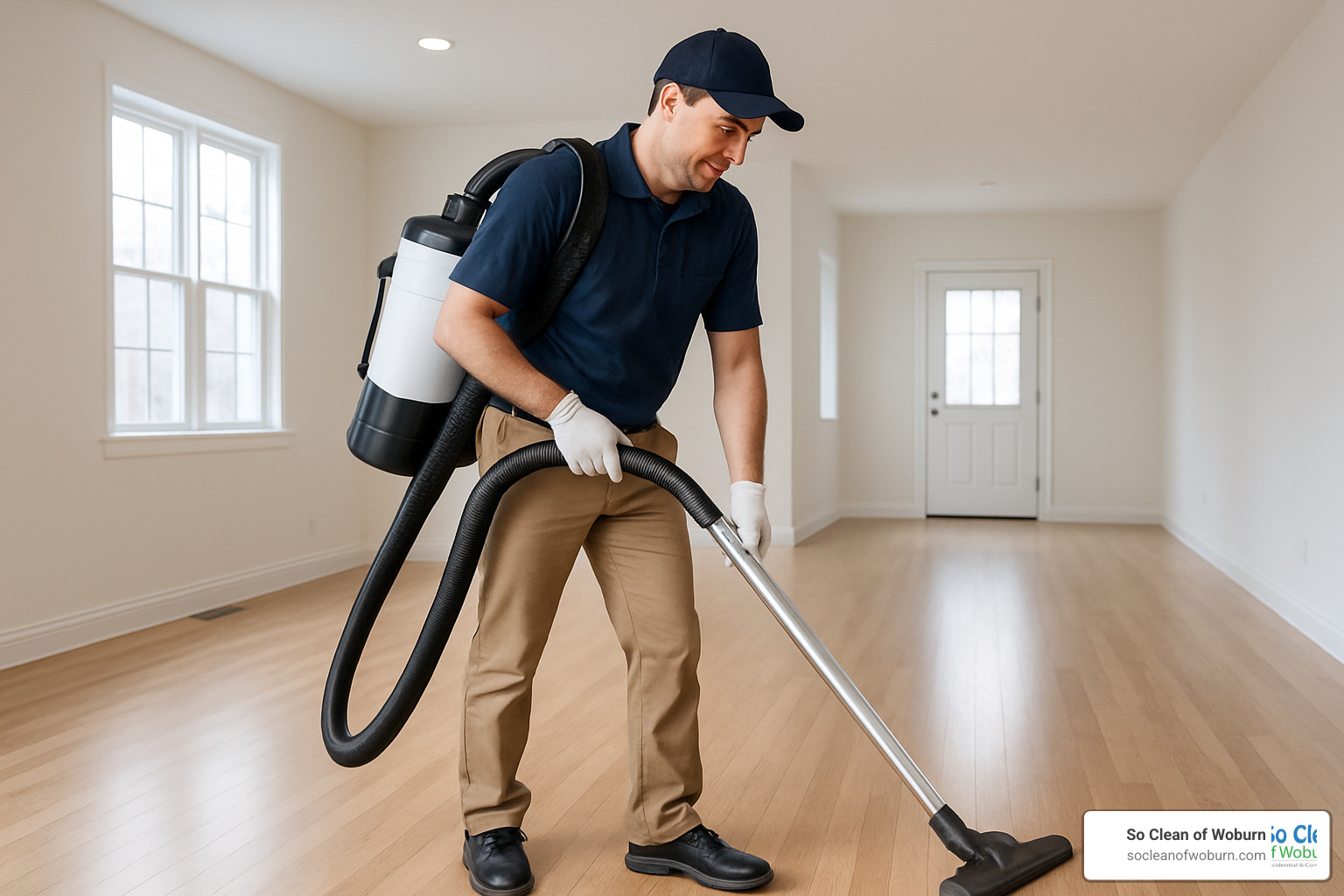 Professional cleaner using HEPA vacuum system in empty room - move-in cleaning