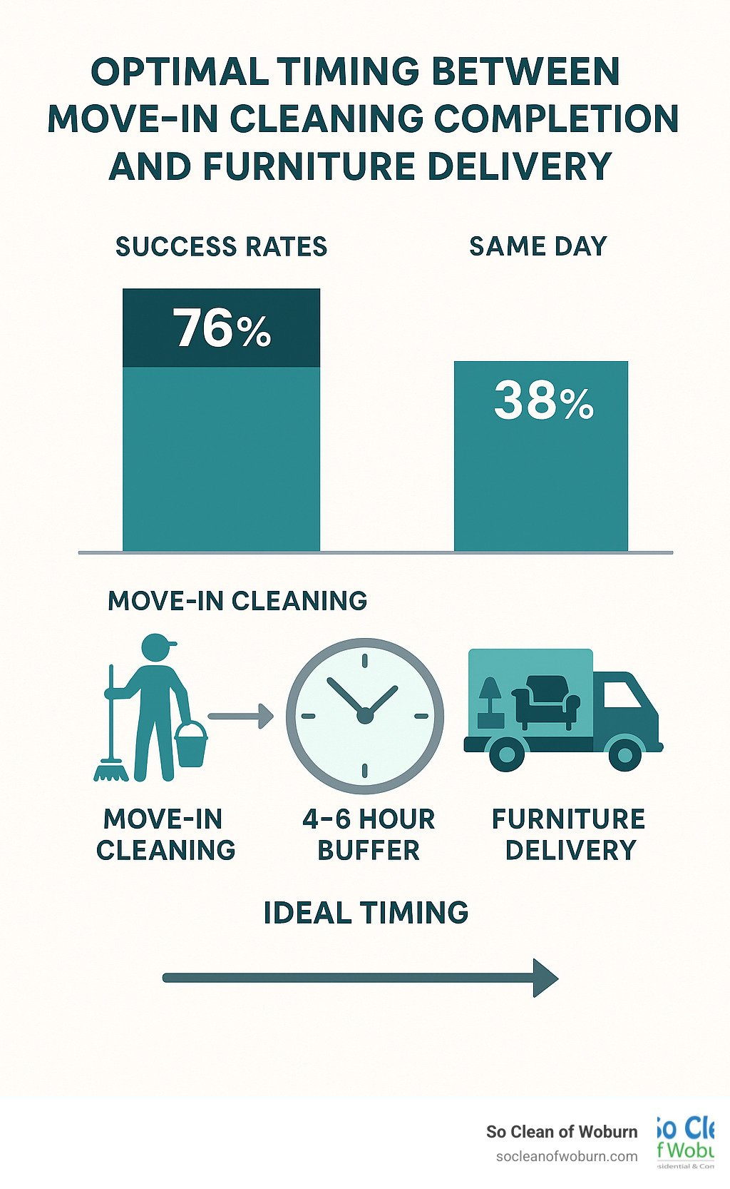 Statistical breakdown showing optimal timing between move-in cleaning completion and furniture delivery, with success rates for different scheduling approaches - move-in cleaning infographic