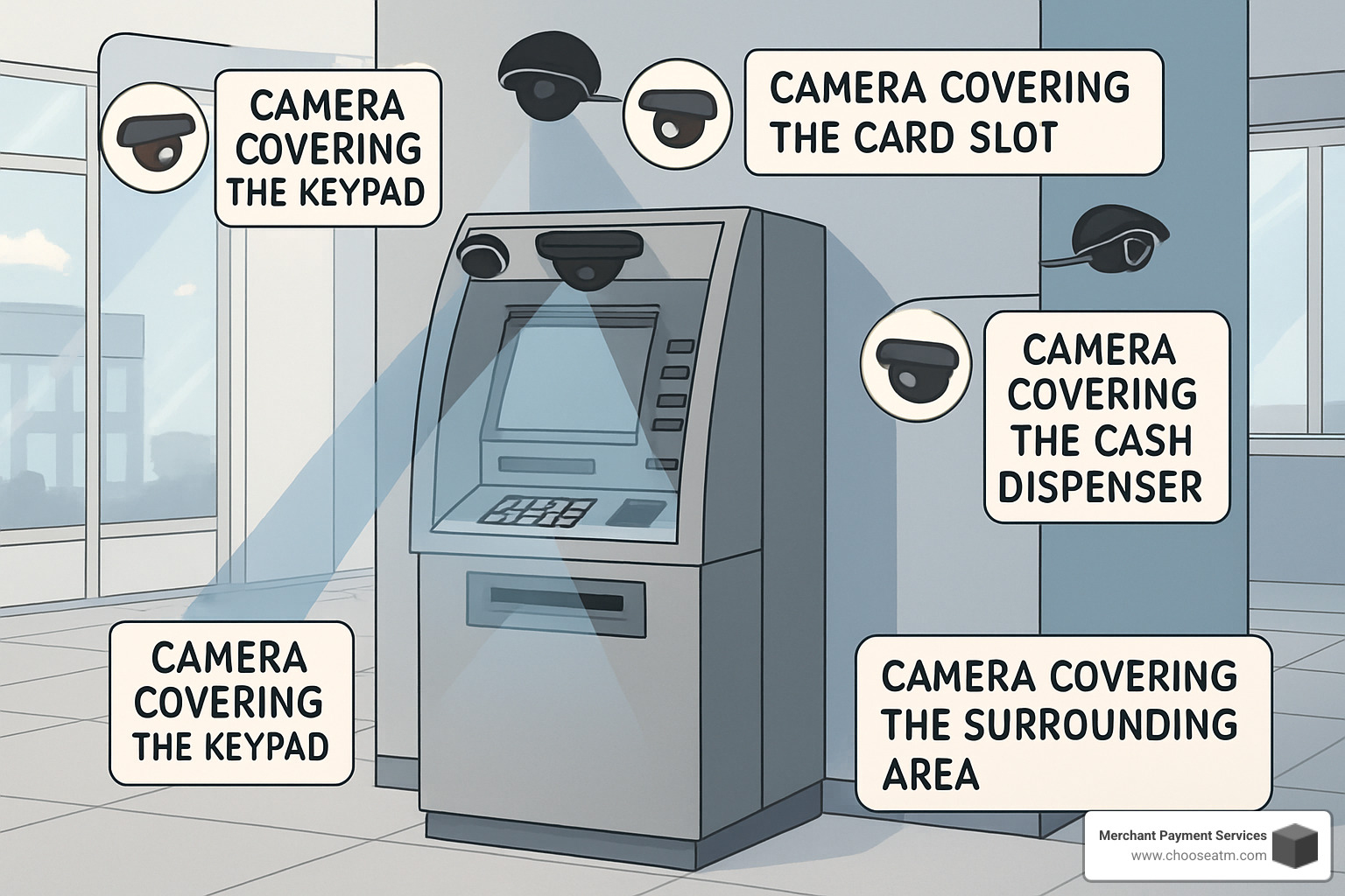 ATM camera placement showing optimal angles for transaction monitoring - atm machine camera