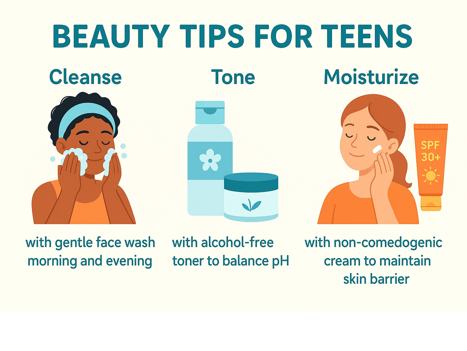 Infographic showing the CTM routine: Cleanse with gentle face wash morning and evening, Tone with alcohol-free toner to balance pH, and Moisturize with non-comedogenic cream to maintain skin barrier - plus SPF 30+ sunscreen during morning routine - Beauty tips for teens infographic 