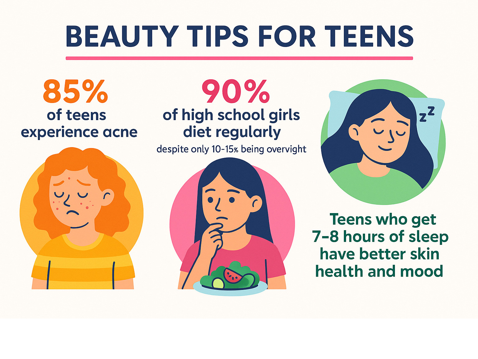 Infographic showing teen beauty statistics: 85% of teens experience acne, 90% of high school girls diet regularly despite only 10-15% being overweight, and teens who get 7-8 hours of sleep have better skin health and mood - Beauty tips for teens infographic 