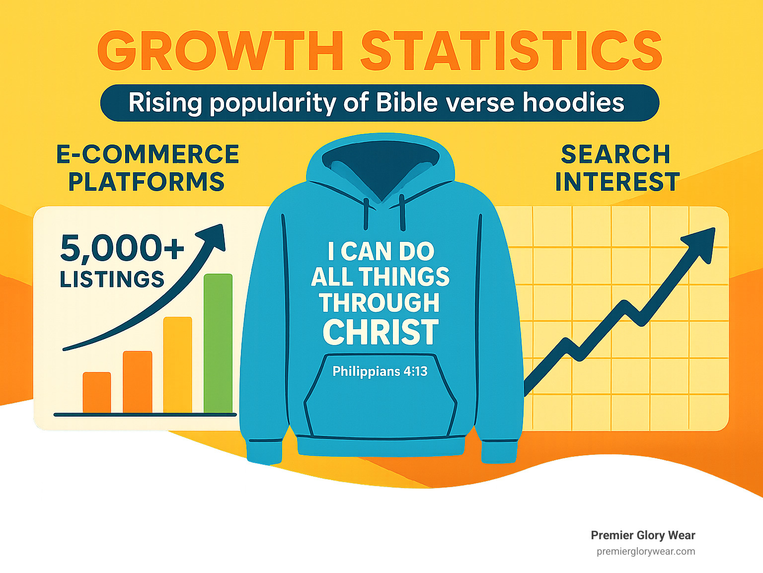 Growth statistics showing the rising popularity of Bible verse hoodies across major e-commerce platforms and search trends - Bible verse hoodies infographic