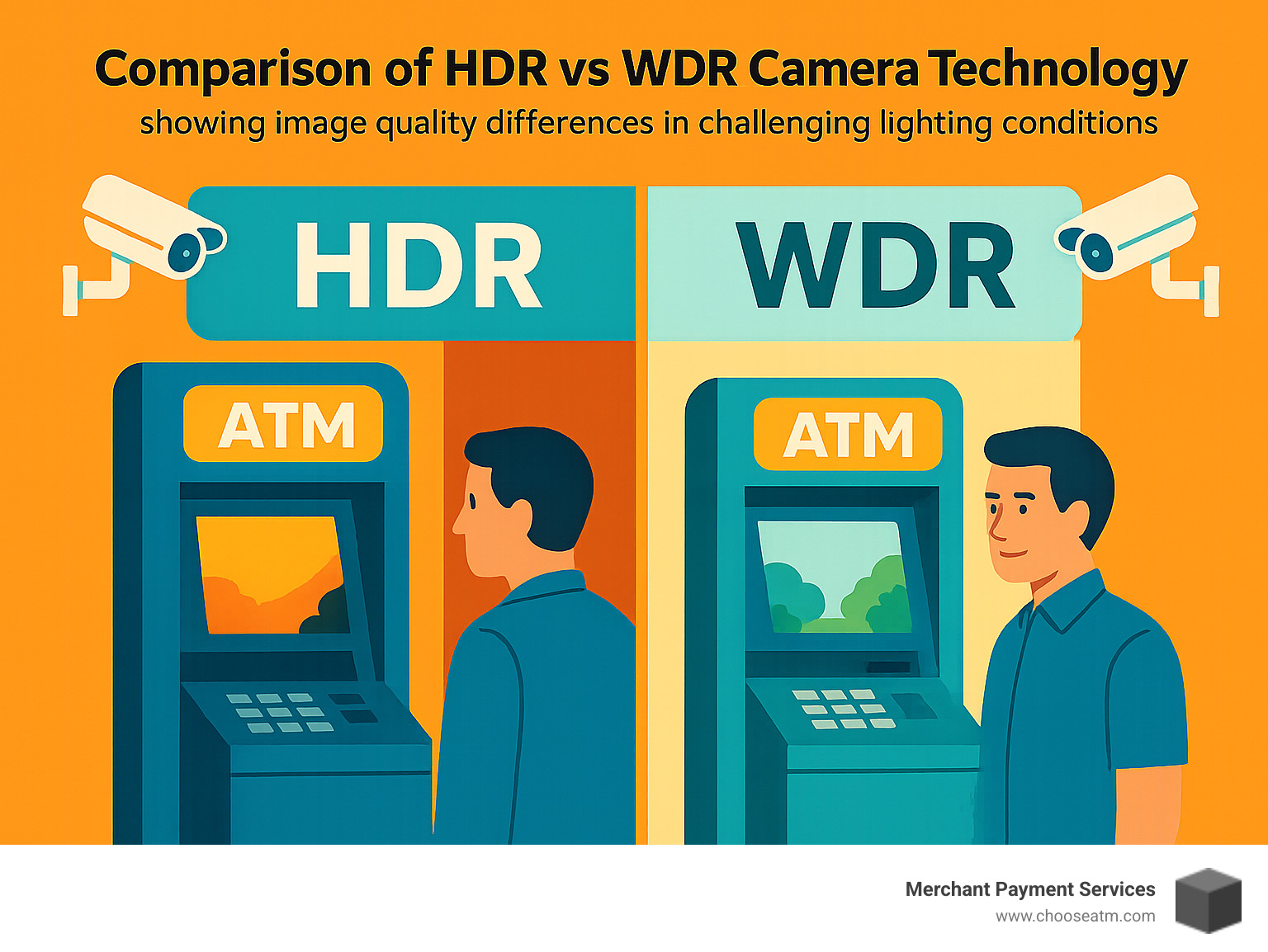 Comparison of HDR vs WDR camera technology showing image quality differences in challenging lighting conditions - atm machine camera infographic 