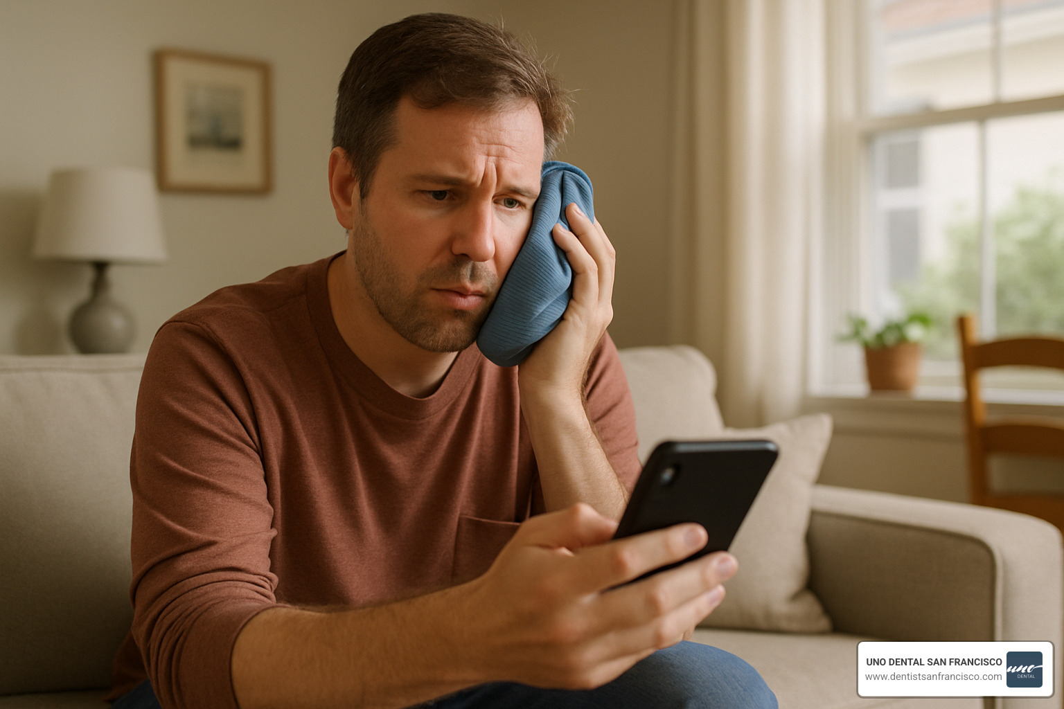 person applying cold compress to swollen cheek while holding phone - emergency dentist near me medicaid