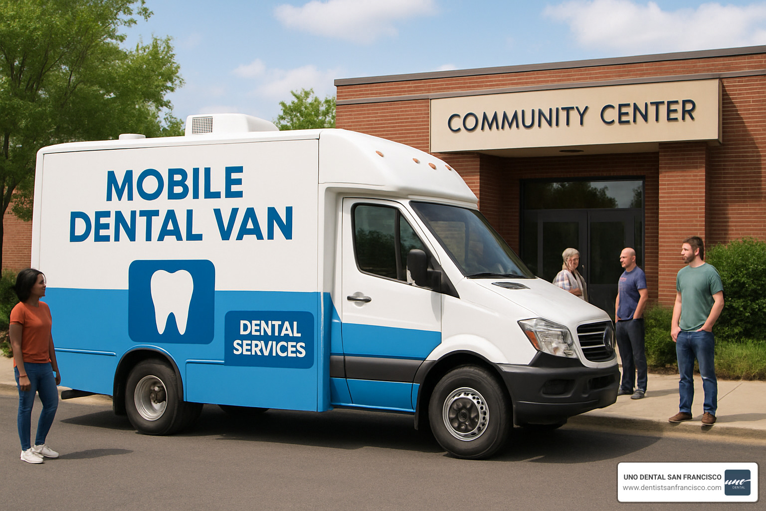 mobile dental van parked outside community center - emergency dentist near me medicaid