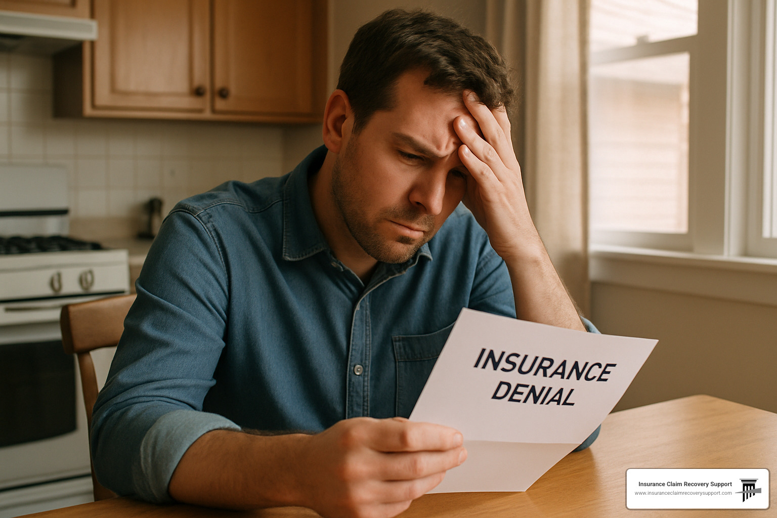 frustrated homeowner with denial letter - insurance claim legal advice