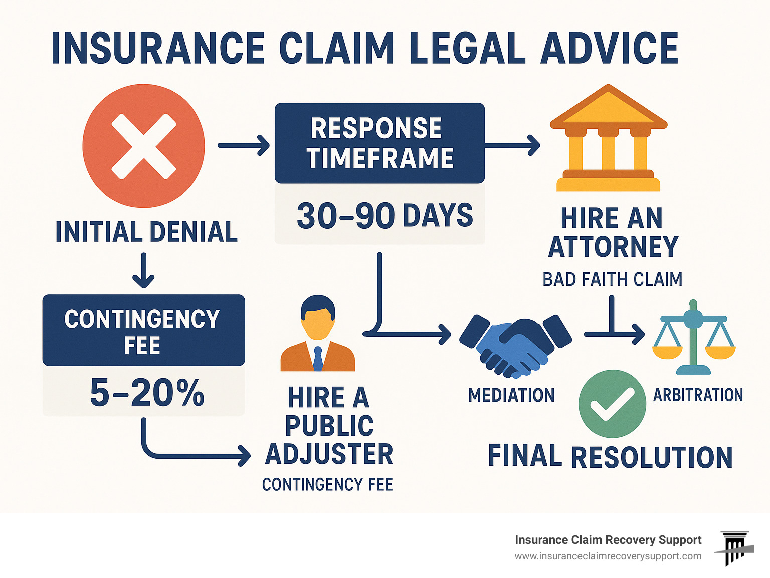 Comprehensive infographic showing the insurance claim legal advice process from initial denial through final resolution, including decision points for hiring public adjusters versus attorneys, timeline requirements, and available dispute resolution options - insurance claim legal advice infographic 