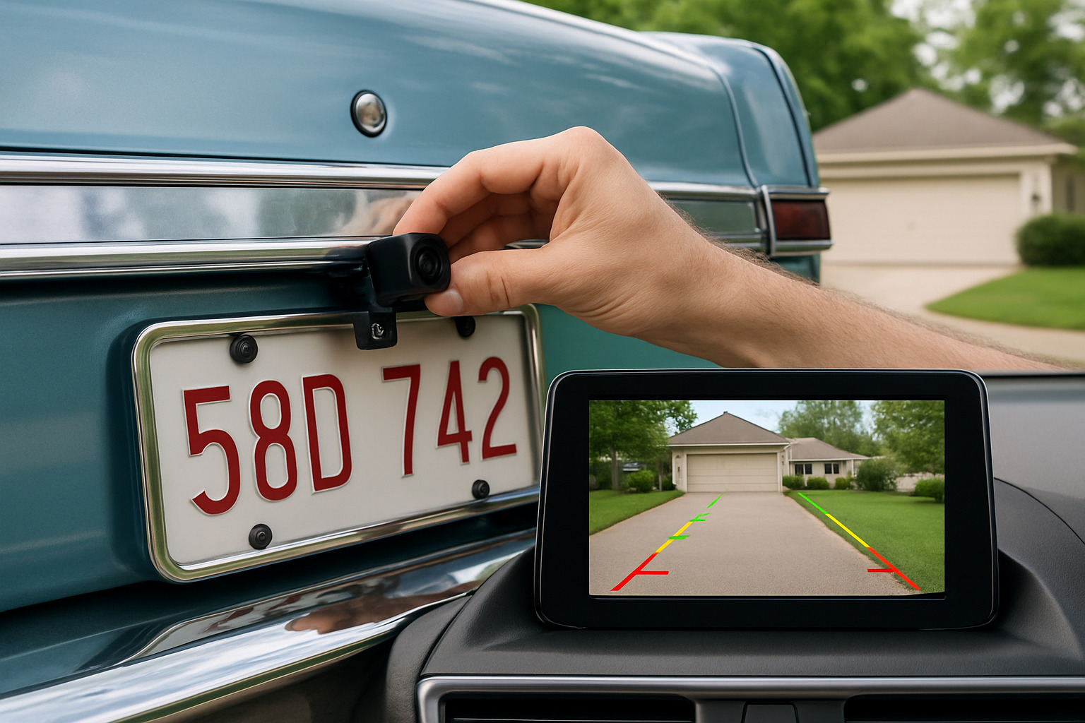 backup camera installation showing rear-mounted camera and dashboard display - how to update the tech in an older car
