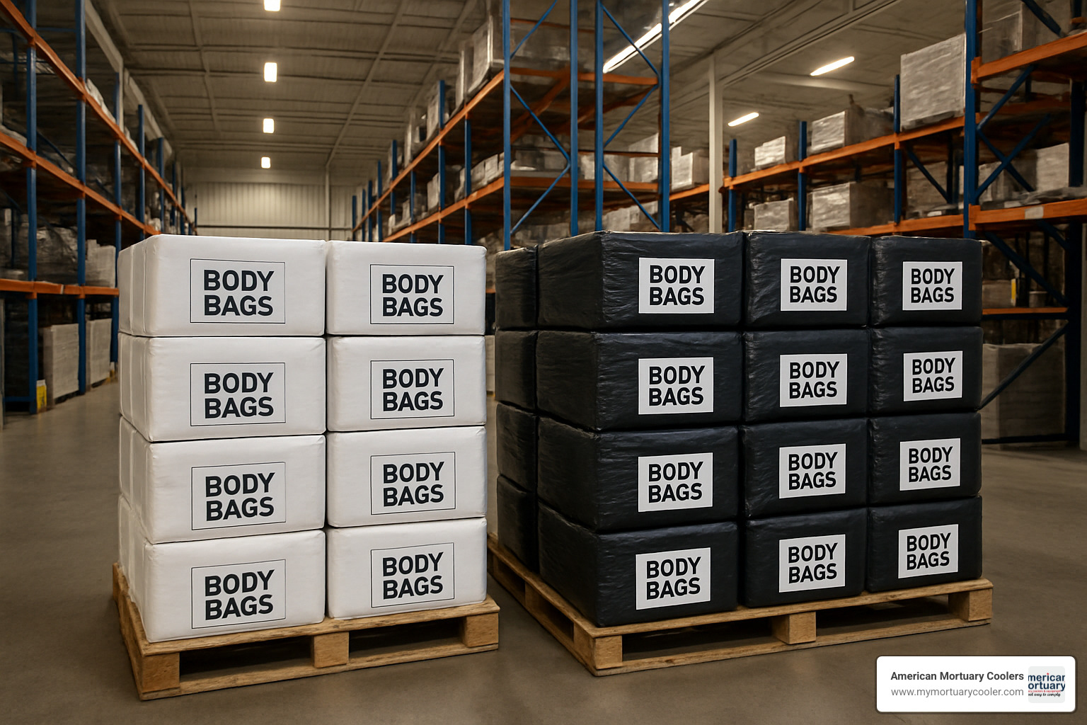 Palletized cases of body bags stacked in warehouse showing bulk purchasing advantages - body bag cost