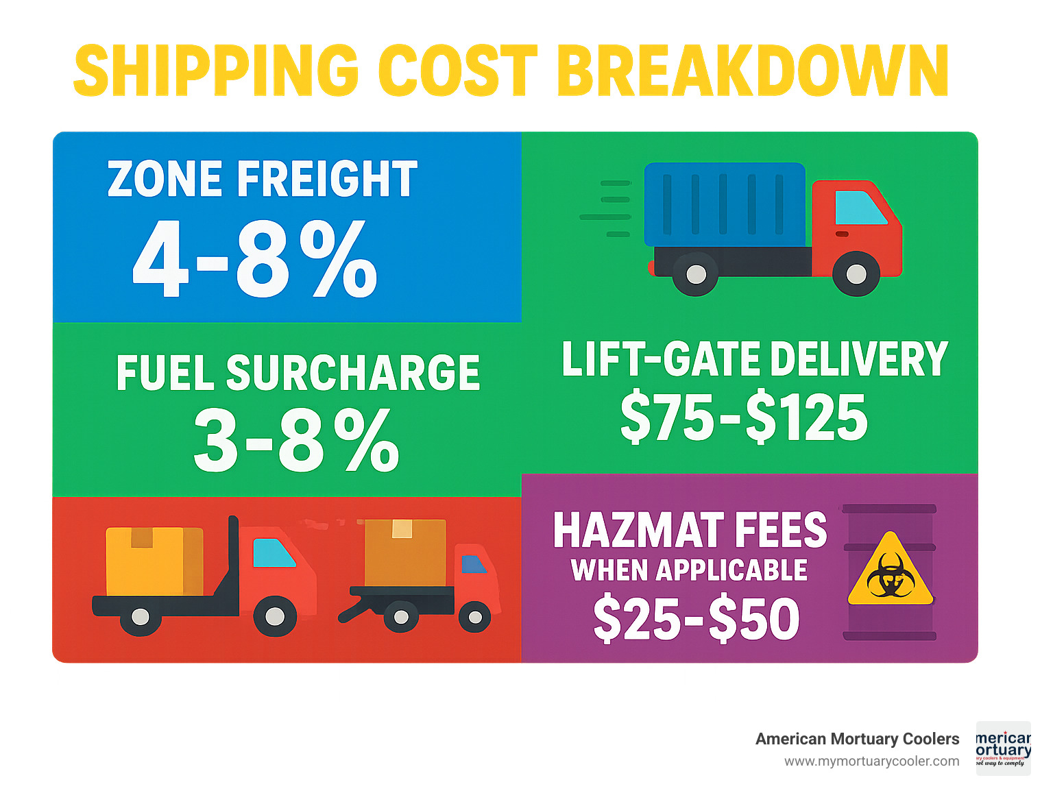 Infographic showing shipping cost breakdown: Zone freight 4-8%, Fuel surcharge 3-8%, Lift-gate delivery $75-125 flat fee, Hazmat fees $25-50 when applicable - body bag cost infographic 