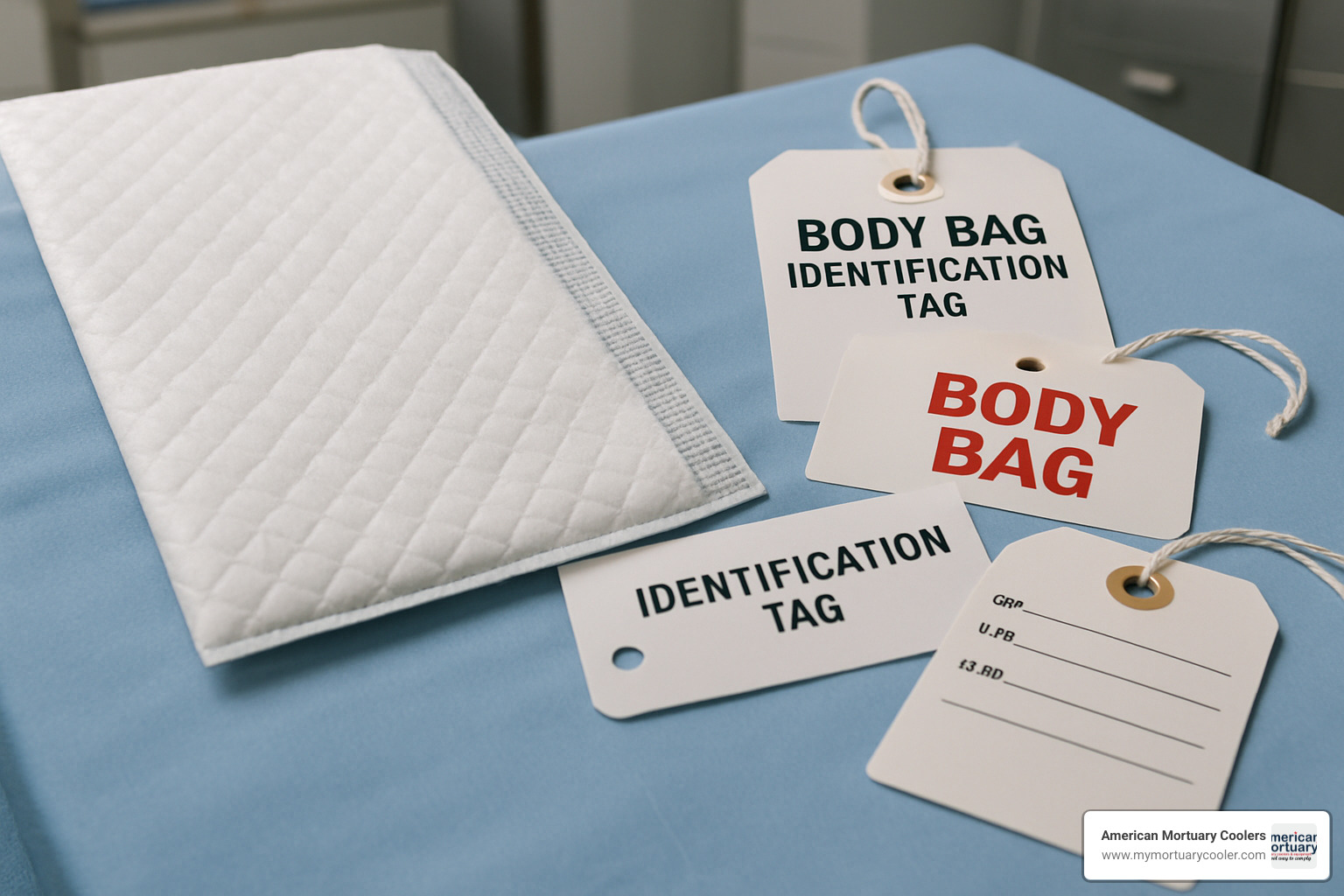 Absorbent liner and ID tags showing common body bag accessories - body bag cost
