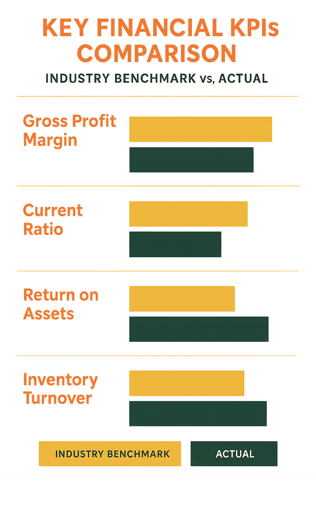 Key financial KPIs comparison showing industry benchmarks versus actual performance across profitability, liquidity, and efficiency metrics - business financial planning infographic