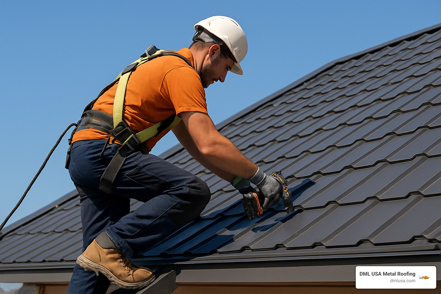 Professional roofer installing metal shingles with proper safety equipment - cost of metal roofing shingles