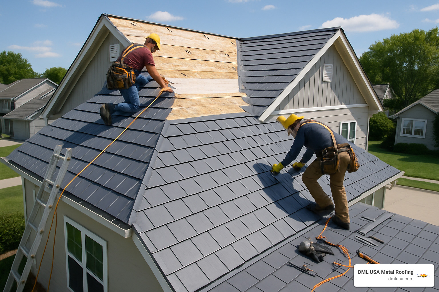 Modern home with metal shingle roof installation in progress - cost of metal roofing shingles