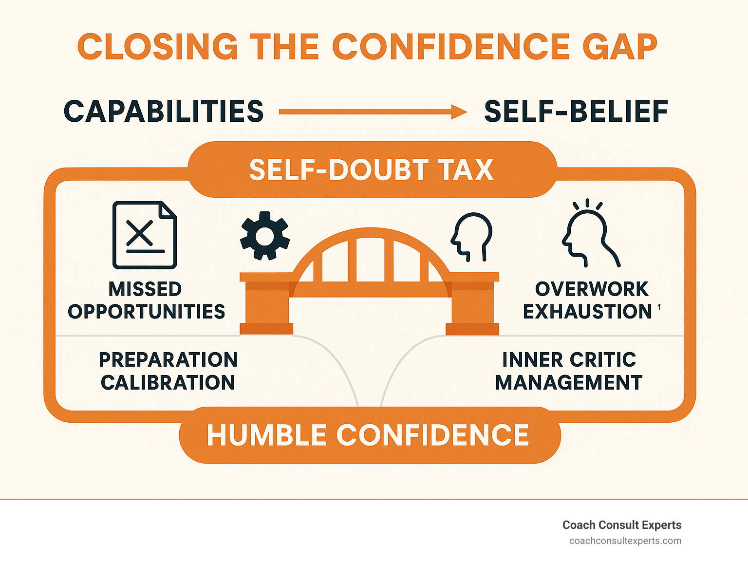 Infographic showing the confidence gap between capabilities and self-belief, illustrating how self-doubt tax manifests as missed opportunities on one side and overwork exhaustion on the other, with practical tools like preparation calibration and inner critic management bridging the gap toward humble confidence - coach yourself confident infographic 