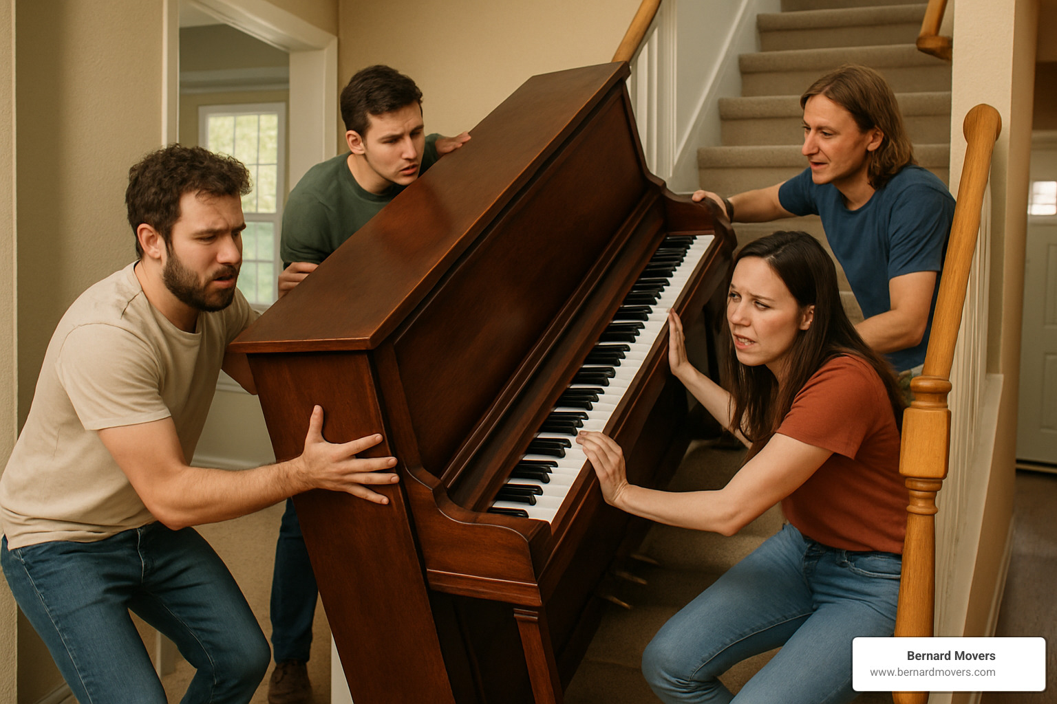 friends struggling with upright - piano moving company price