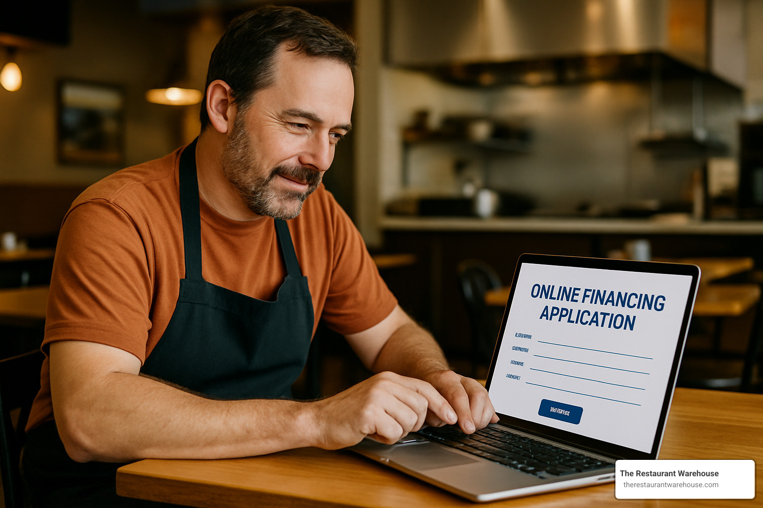 restaurant owner completing online financing application on laptop - restaurant equipment financing