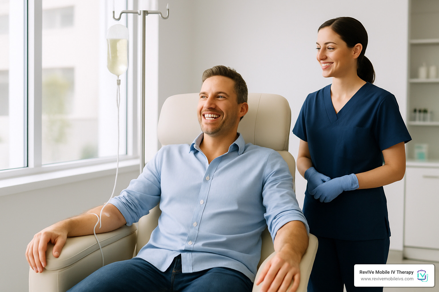 Relaxed client sitting comfortably during IV treatment, looking energized and refreshed - IV hydration near me