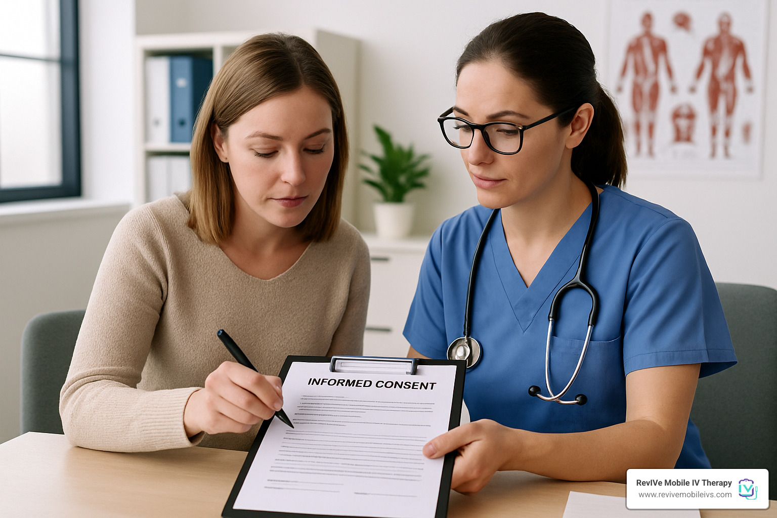 Client reviewing and signing informed consent form with healthcare provider - IV hydration near me