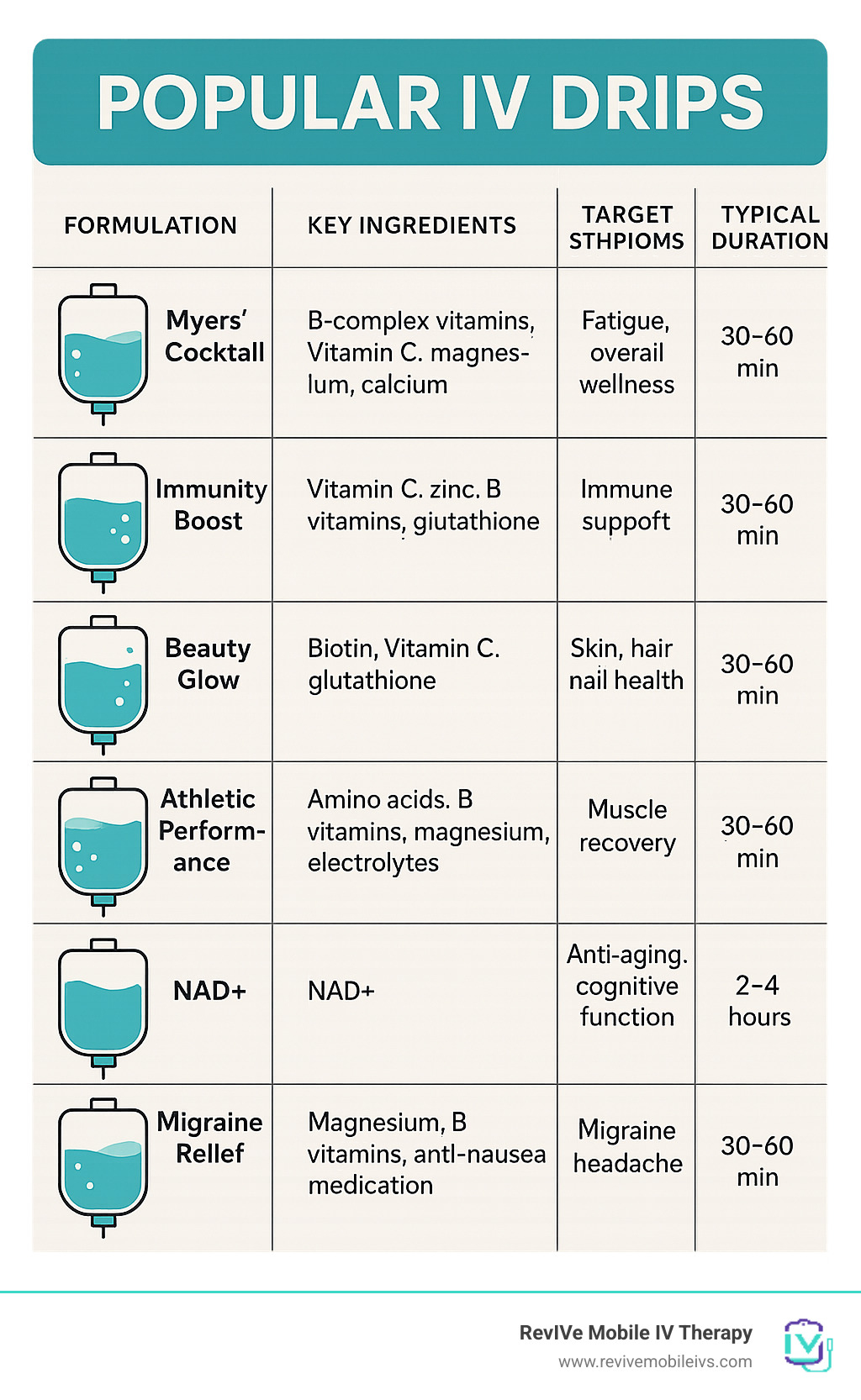 Infographic comparing popular IV drip formulations with their key ingredients, target symptoms, and typical treatment duration - IV hydration near me infographic 