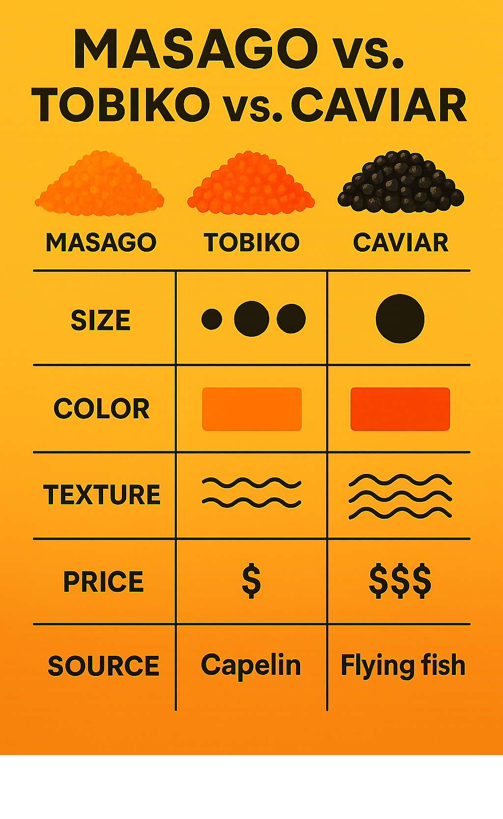 Comparison infographic showing size, color, texture, price, and source differences between masago, tobiko, and caviar with visual examples - masago infographic 